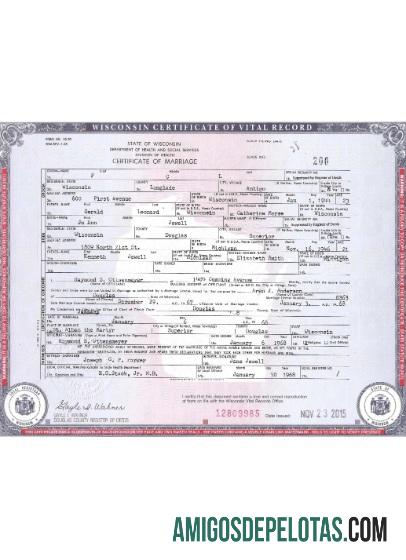 Certificado de casamento nos EUA Wisconsin exemplo real